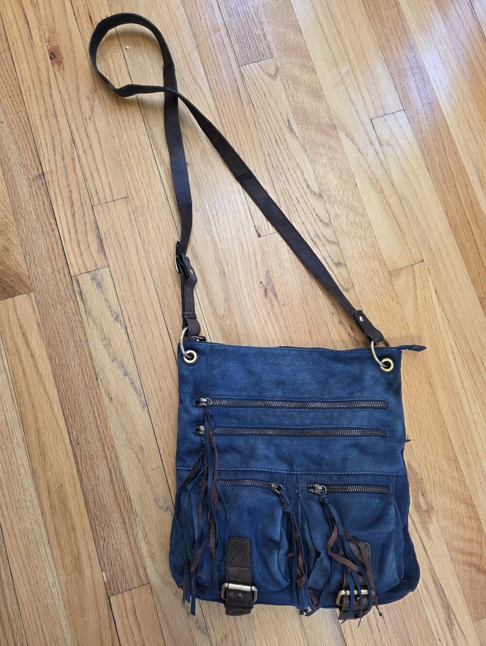 Vtg Blue Buckle Fringe Genuine Suede Leather Crossbody Bag Purse Nina Rossi